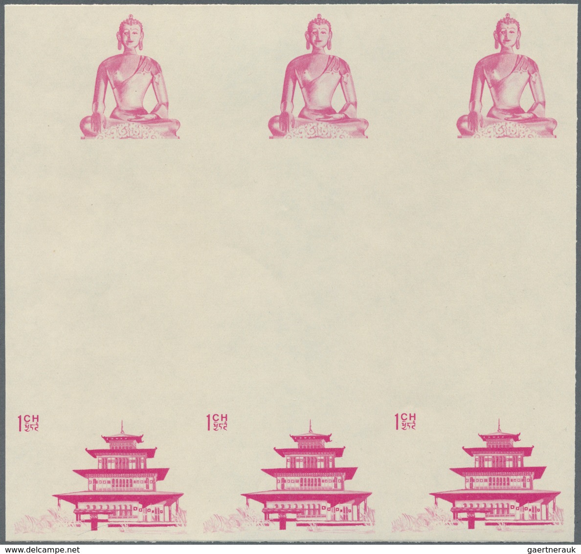 10806 Thematik: Religion / religion: 1965, Bhutan. Progressive proof (10 phases) in blocks of 3 vertical g