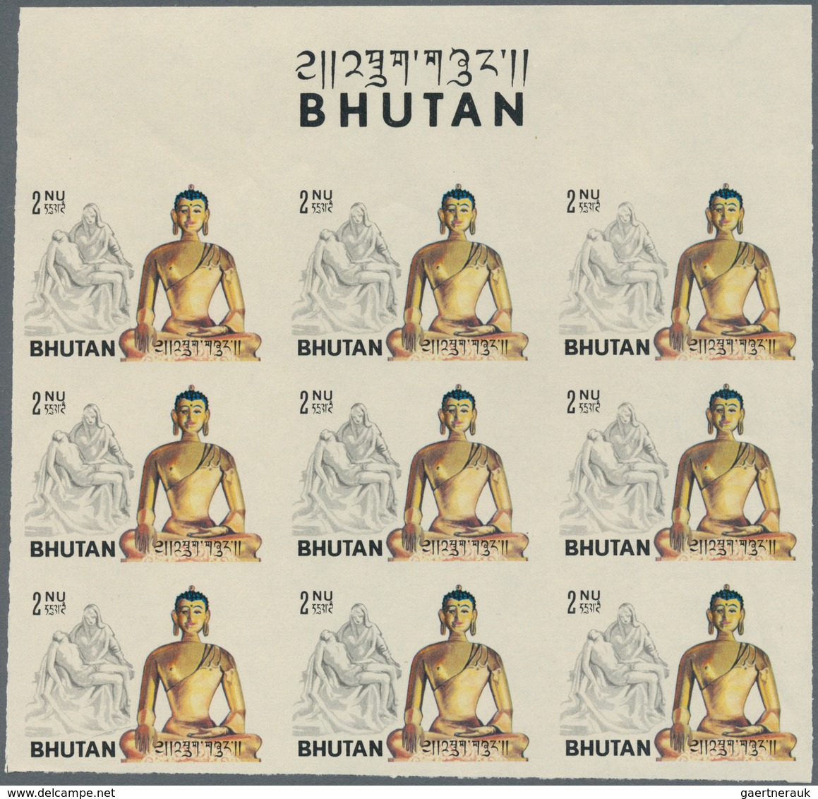 10807 Thematik: Religion / religion: 1965, Bhutan. Progressive proof (10 phases) in top margin blocks of 9