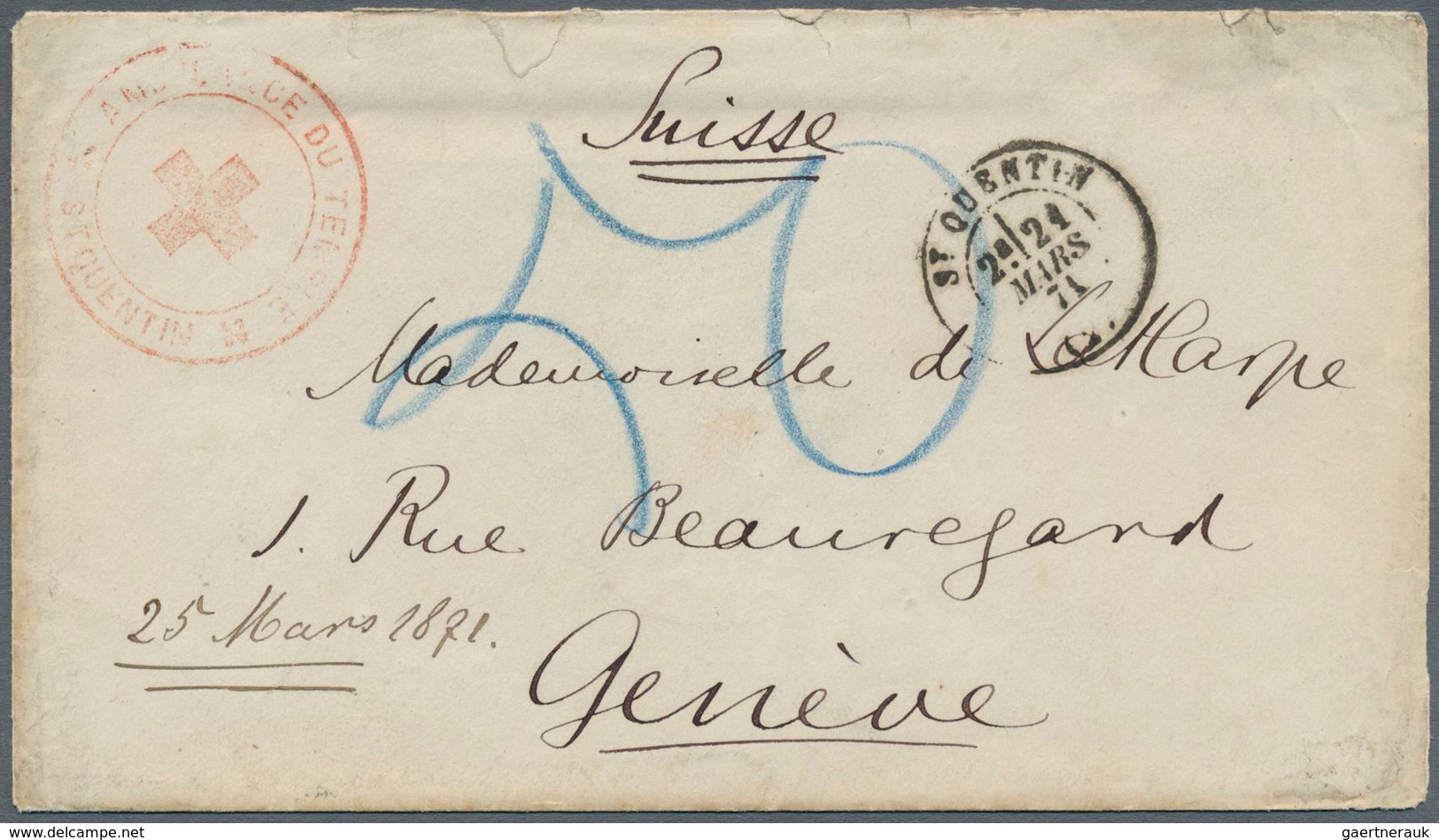 10842 Thematik: Rotes Kreuz / Red Cross: 1871, France, Red Cross Circular Mark "AMBULANCE DE TEMPLE ST.QUE - Rotes Kreuz