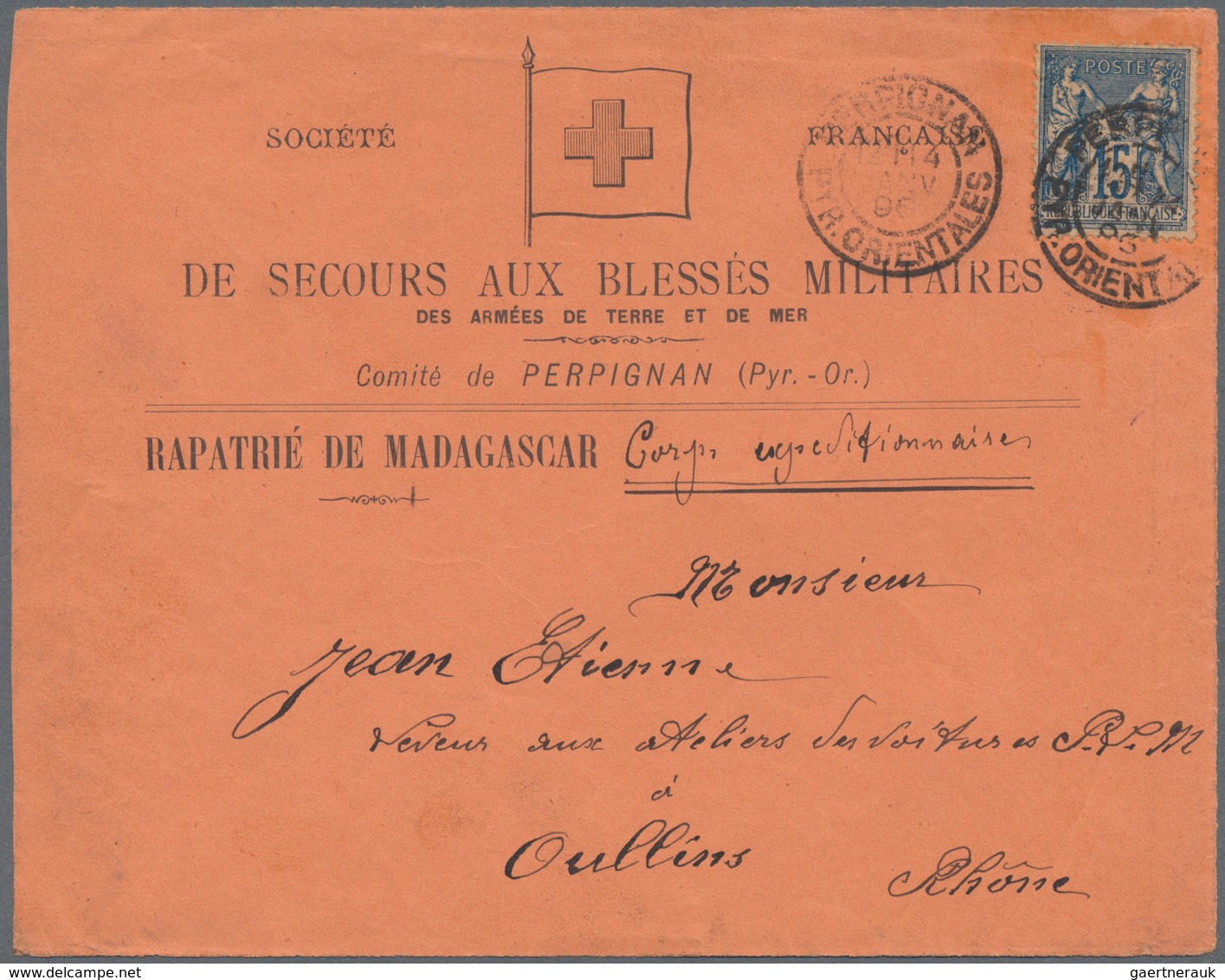 10845 Thematik: Rotes Kreuz / Red Cross: 1896 MADAGASKAR Rote Kreuz-Vordruckbrief-Vorderseite "De Secours - Rotes Kreuz