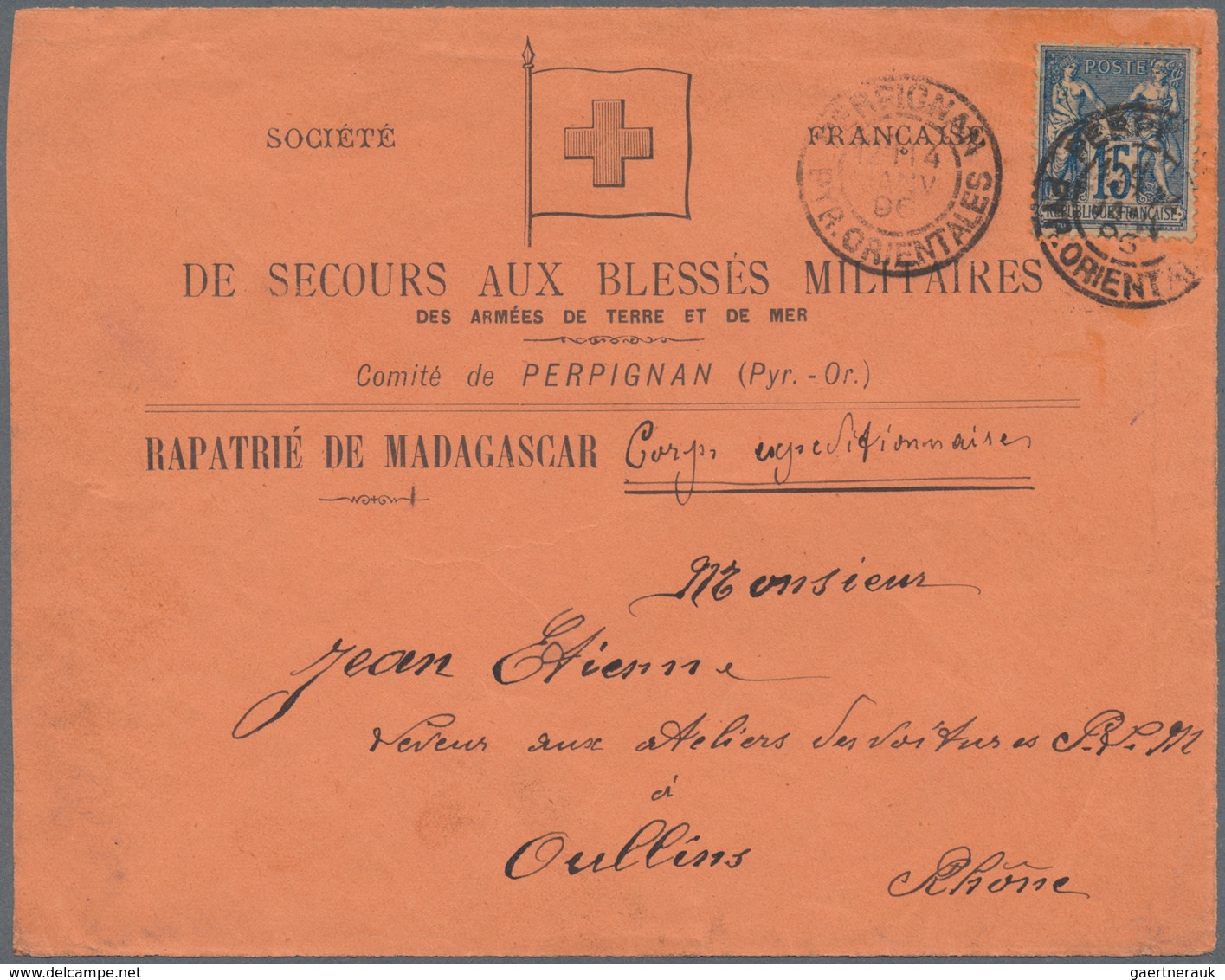 10845 Thematik: Rotes Kreuz / Red Cross: 1896 MADAGASKAR Rote Kreuz-Vordruckbrief-Vorderseite "De Secours - Croix-Rouge