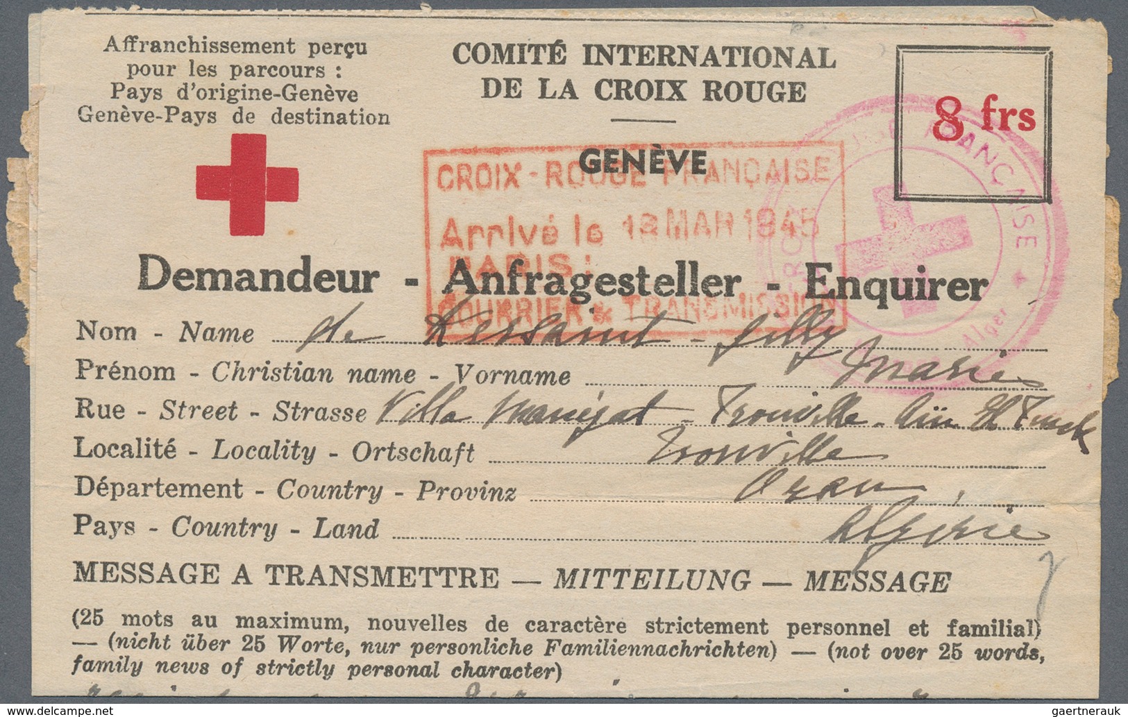 10866 Thematik: Rotes Kreuz / Red Cross: 1944, Drei Versch. Rot-Kreuz Stpl Und RCF Verschlußstr. Auf Nachr - Rotes Kreuz