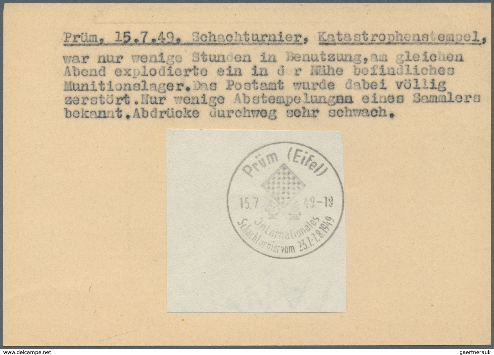 10898 Thematik: Spiele-Schach / games-chess: 1947/1949, Germany. Lot with 'Crash'-cancellation "Prüm (Eife