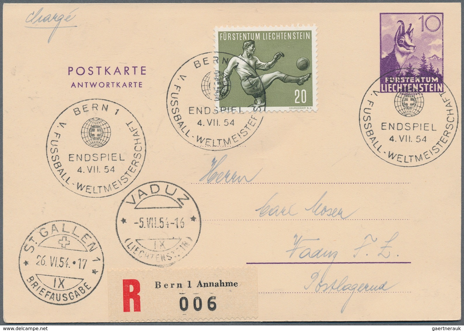 10929 Thematik: Sport-Fußball / Sport-soccer, Football: 1954, Liechtenstein/Schweiz. Liechtenstein Reply C - Sonstige & Ohne Zuordnung