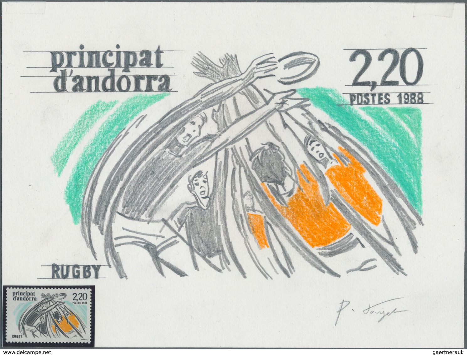 10992 Thematik: Sport-Rugby / Sport-rugby: 1988, Andorra (French Admin). Original Artist's Painting For Th - Sonstige & Ohne Zuordnung