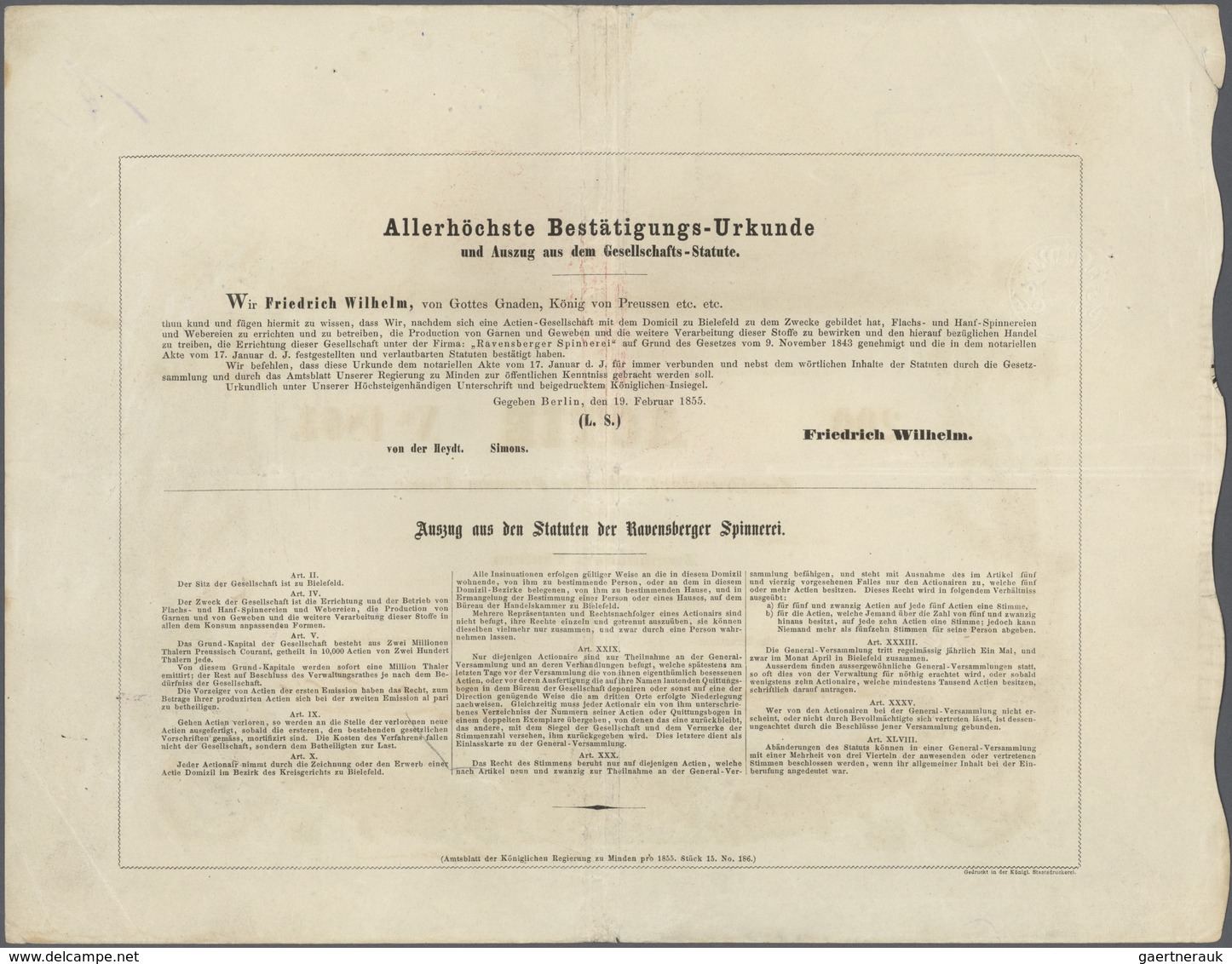 11008 Thematik: Textil / Textiles: 1856: Ravensberger Spinnerei, Bielefeld. Gründeraktie über 200 Thaler P - Textile