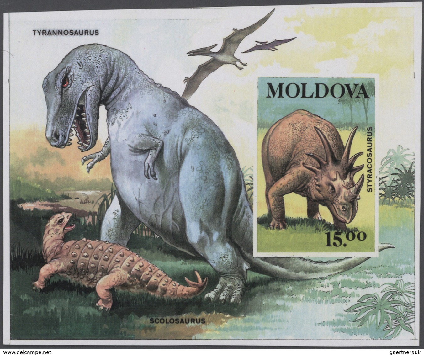 11047 Thematik: Tiere-Dinosaurier / Animals-dinosaur: 1995 (ca.), MOLDOVA: Dinosaur (Tyrannosaurus, Scolos - Préhistoriques