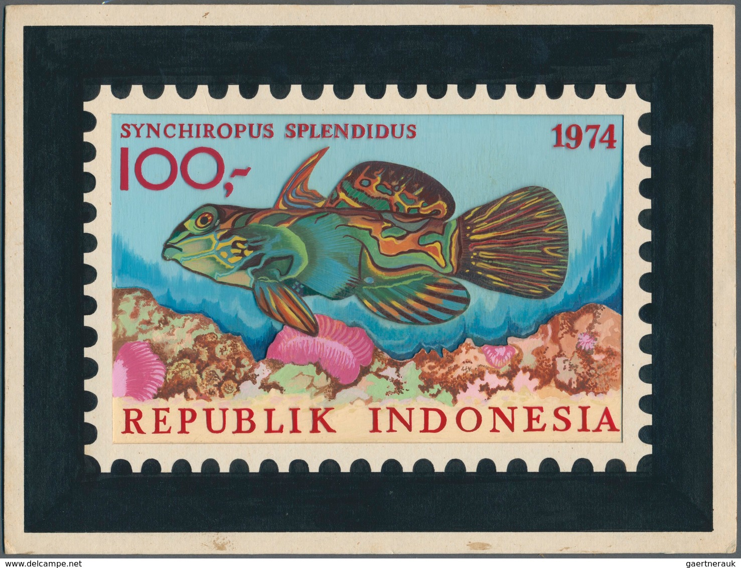 11053 Thematik: Tiere-Fische / Animals-fishes: 1974, Indonesia. Essay / Arts Drawing MANDARINFISCH (Synchi - Fische