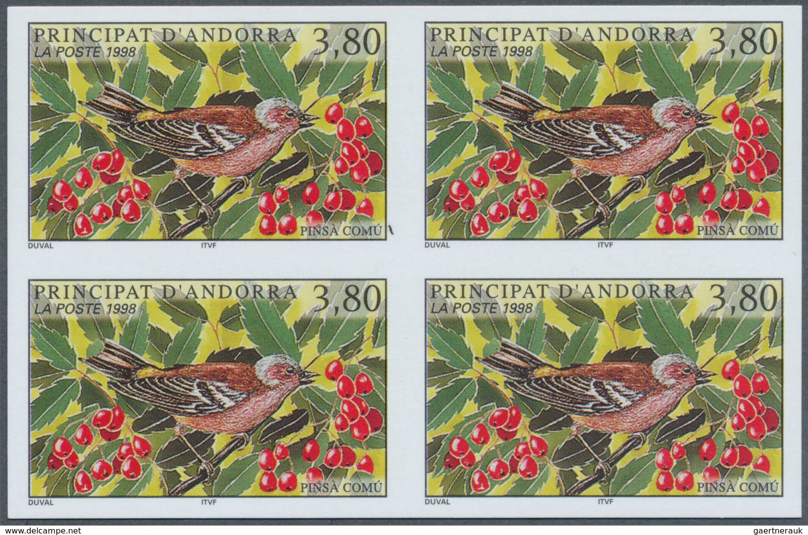 11191 Thematik: Tiere-Vögel / Animals-birds: 1998, Andorra (French). IMPERFORATE Block Of 4 "3.80fr Finch" - Sonstige & Ohne Zuordnung