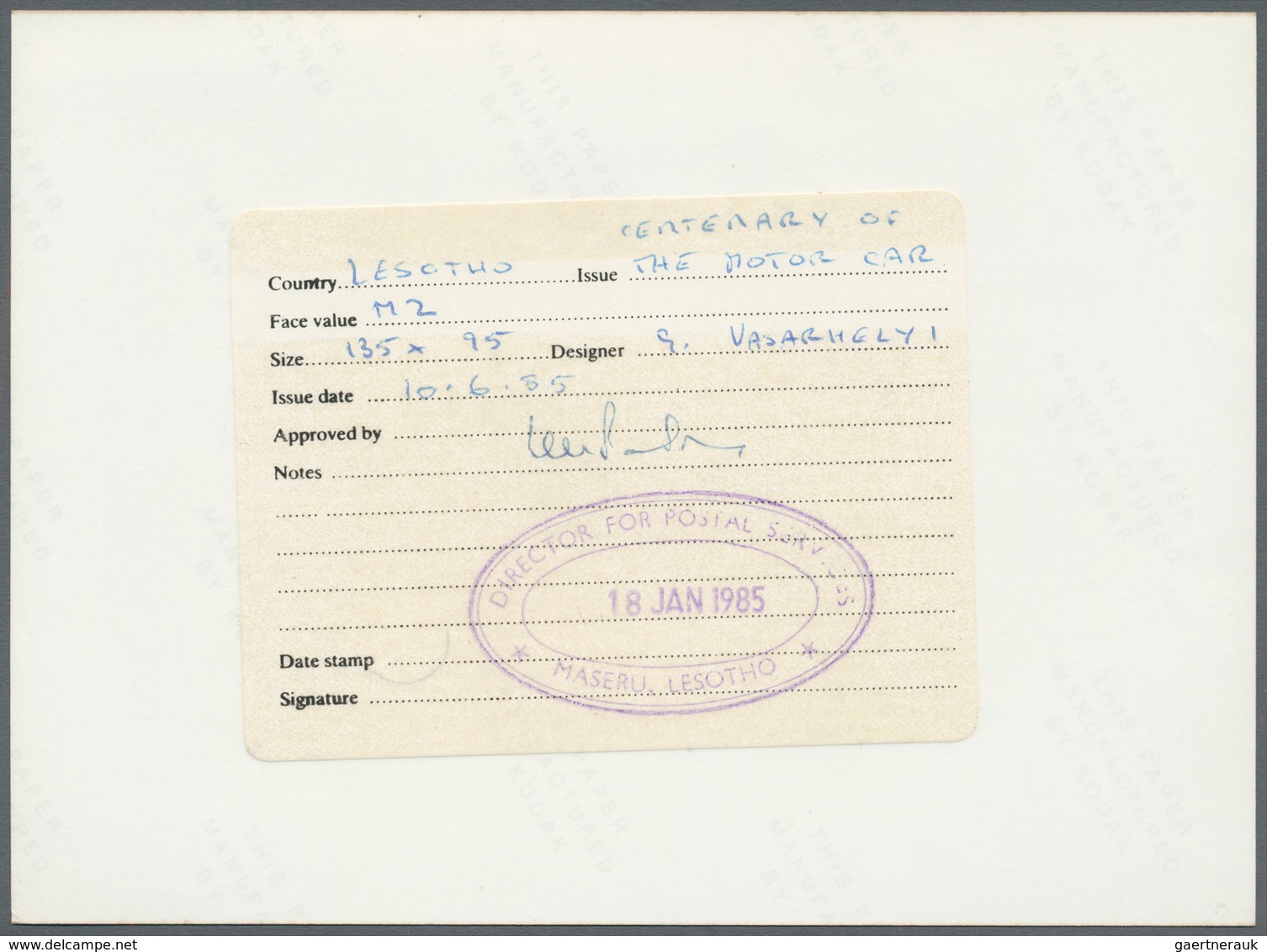 11219 Thematik: Verkehr-Auto / Traffic-car: 1985, Lesotho, 2m. Rolls-Royce Silver Sprint, Photographic Ess - Voitures