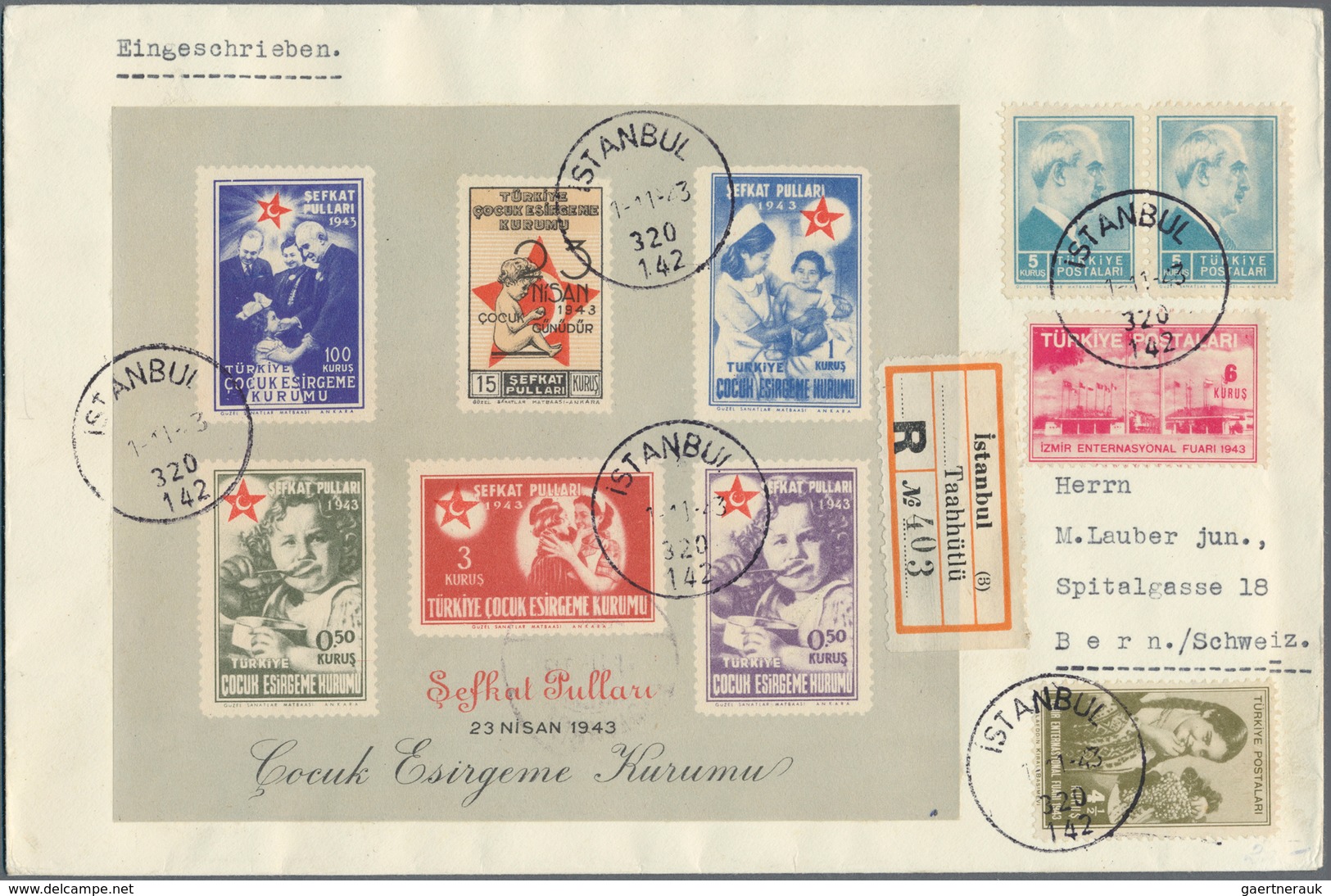 11252 Thematik: Rotes Kreuz / Red Cross: 1943, Souvenir Sheet No.1 On Registered Cover From "Istanbul 1/11 - Rotes Kreuz