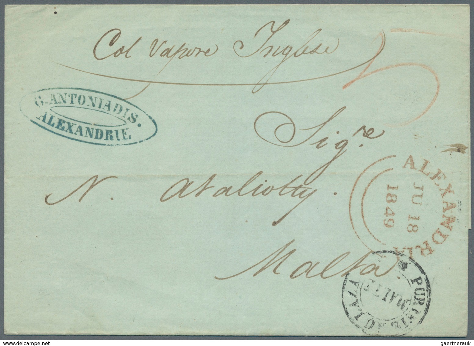 11303 Ägypten - Vorphilatelie: 1849 (July 18): Cover To Malta Prepaid '5' Pence In Red Manuscript, Endorse - Vorphilatelie