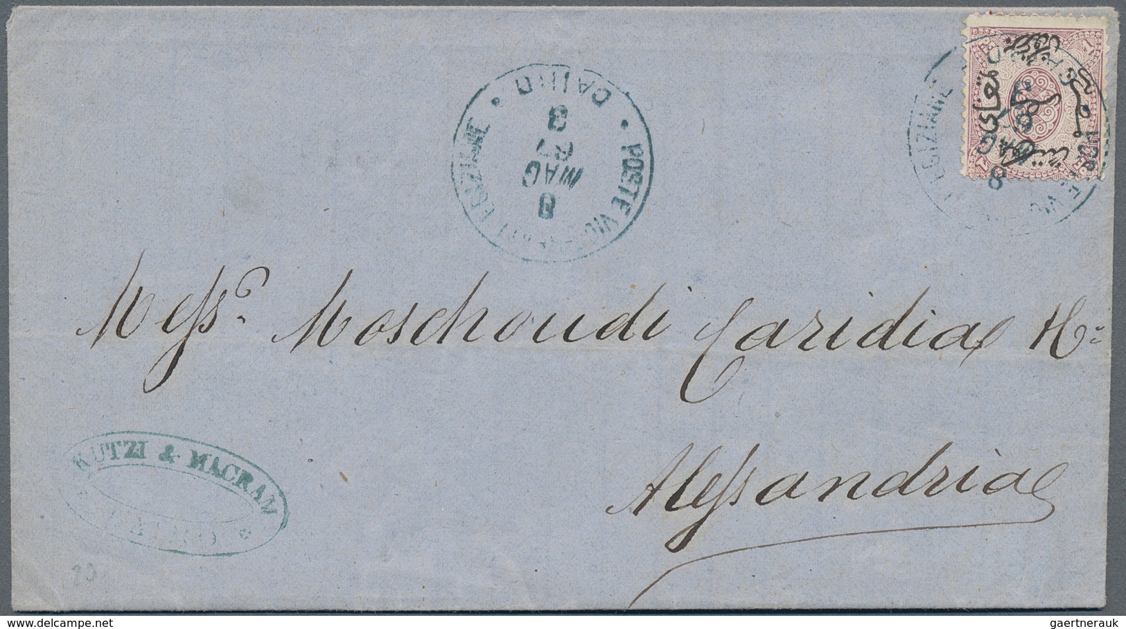 11325 Ägypten: 1866, Folded Letter Bearing 1 Pia Lilac, Sent With Blue Cds "CAIRO 8 MAG 67" To Alessandria - 1915-1921 Protectorat Britannique