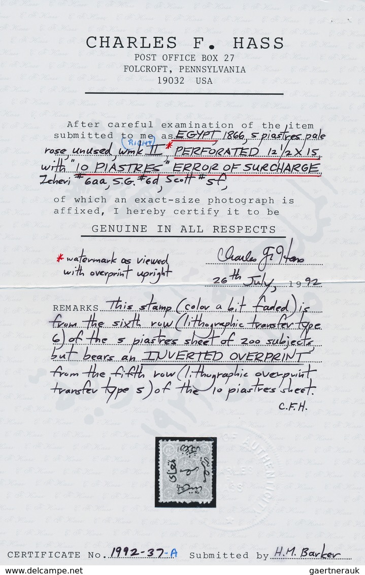 11327 Ägypten: 1866 ERROR Overprint "10 Piasters" (instead Of "5 Piasters") On 5pi. Rose, Perf 12½ X 15, P - 1915-1921 Britischer Schutzstaat