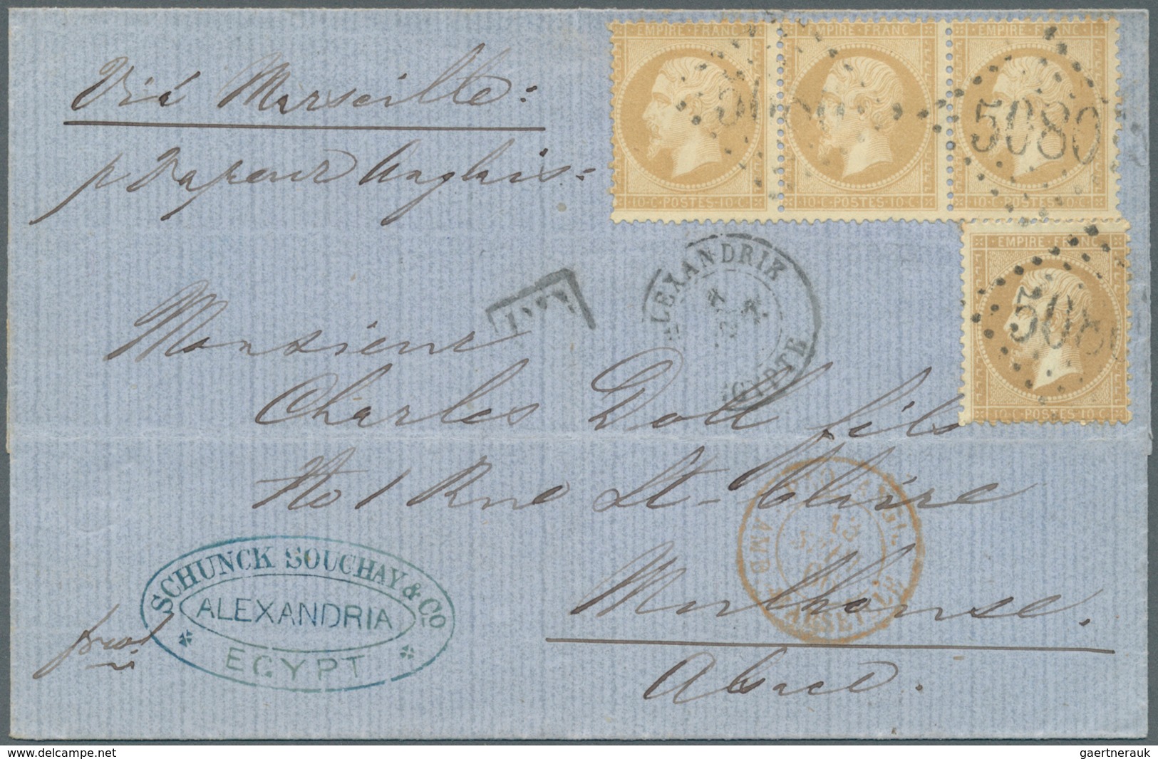 11328 Ägypten: 1866 Folded Cover From Alexandria To Mulhouse, Alsace "Via Marseilles" Franked With France - 1915-1921 Britischer Schutzstaat