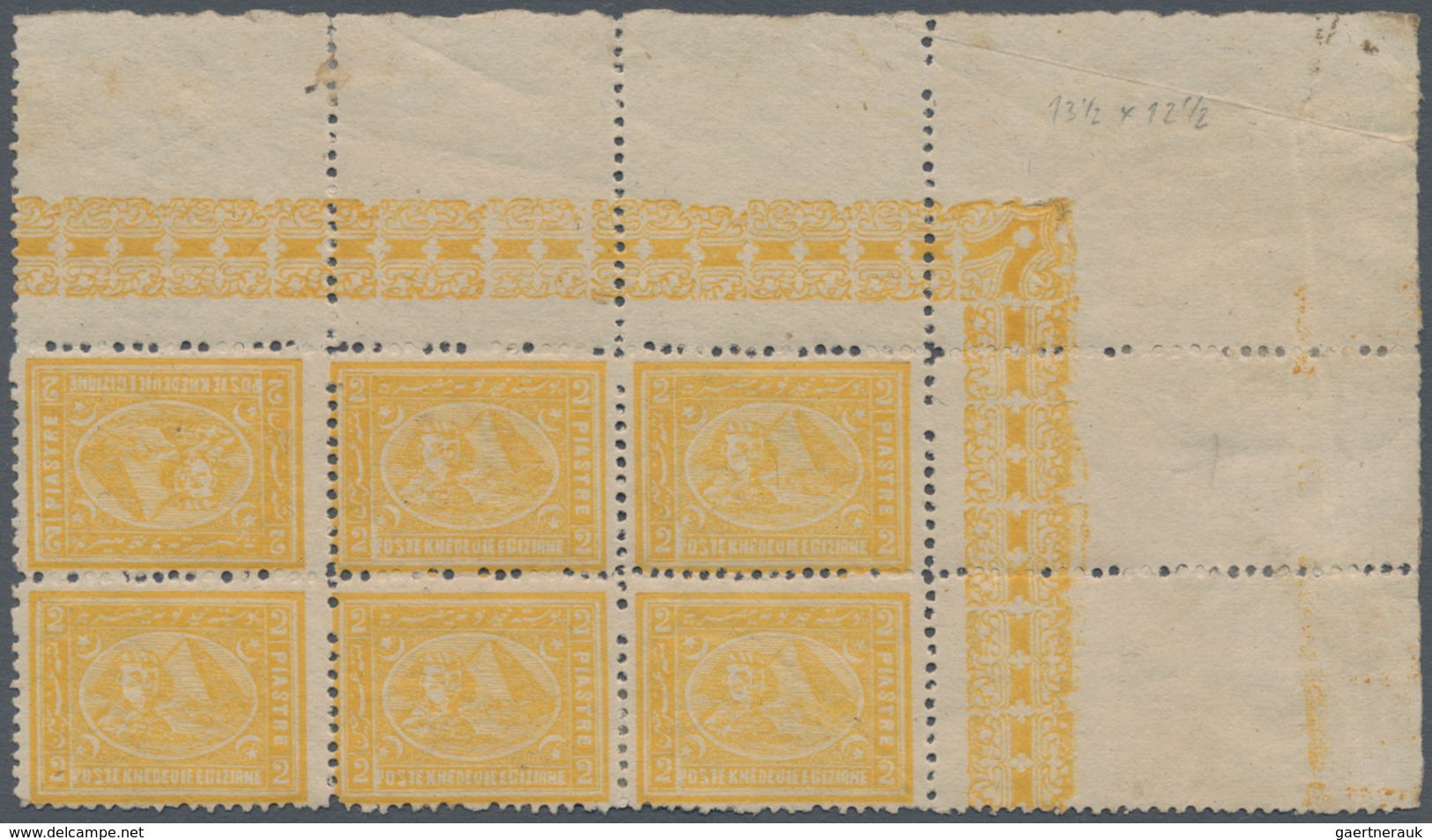 11352 Ägypten: 1874 Third Issue (2nd "Bulâg" Printing) 2pi. Yellow Top Right Corner Block Of Six, Perf 13½ - 1915-1921 Protectorat Britannique