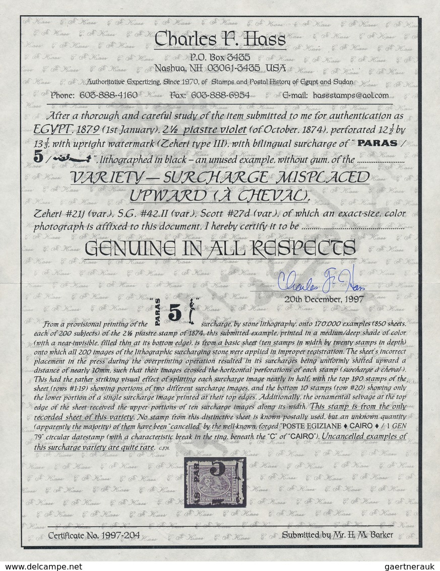 11358 Ägypten: 1879 Provisionals: Two Singles Of 5pa. On 2½pi. Violet Both Perf 12½ X 13½ And With SURCHAR - 1915-1921 Protectorat Britannique