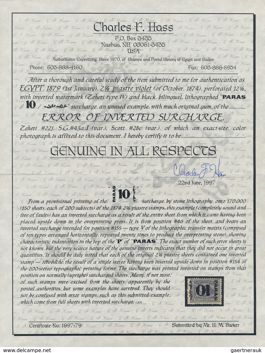 11363 Ägypten: 1879 Provisionals: Two Different Singles Of 10pa. On 2½pi. Violet Both With "INVERTED SURCH - 1915-1921 Britischer Schutzstaat