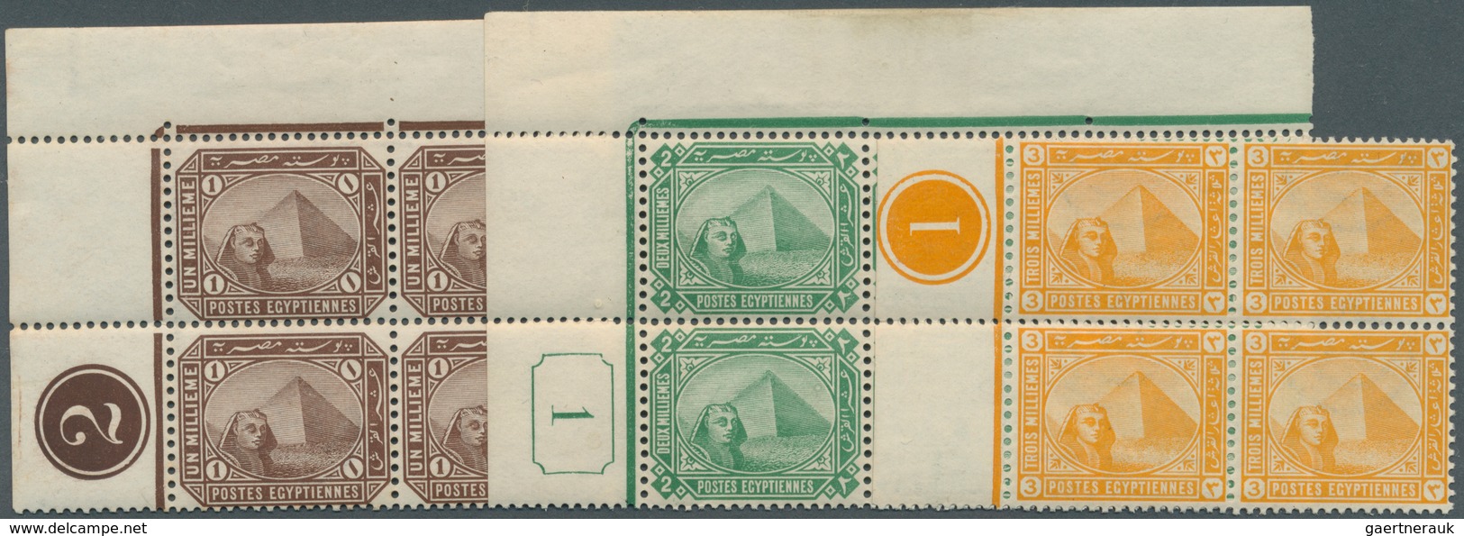 11372 Ägypten: 1888/1906, Pyramides Six Different Values In Marginal Or Corner Blocks Of Four (2m. Block/6 - 1915-1921 Britischer Schutzstaat