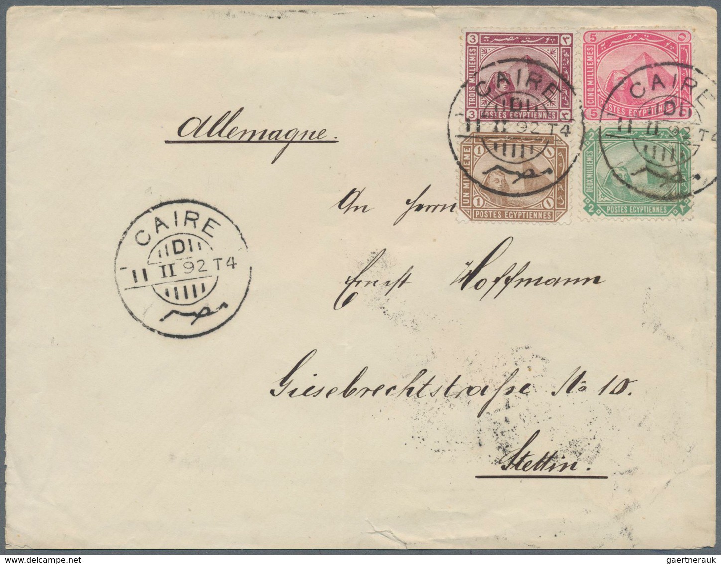 11374 Ägypten: 1892, Spinx/Pyramid 1 M , 2 M, 3 M And 5 M On Very Fine Envelope Sent From "CAIRE 11 II 92" - 1915-1921 Britischer Schutzstaat