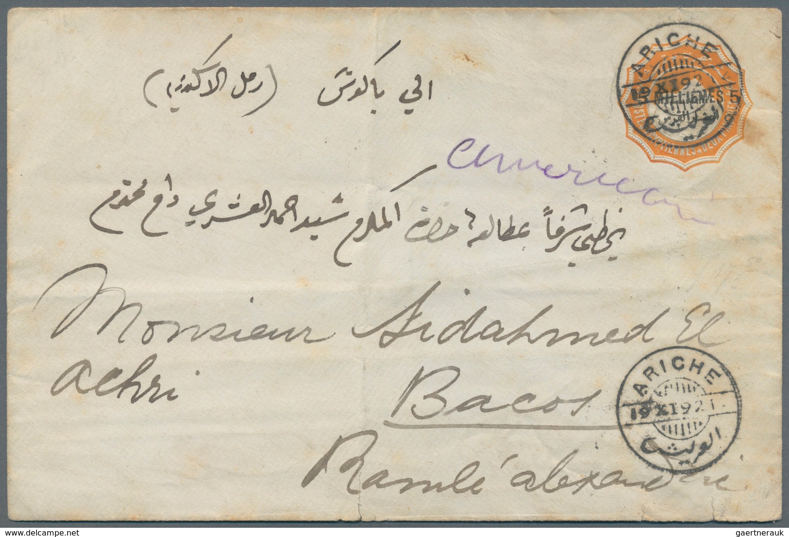 11375 Ägypten: 1892, PS Envelope 2pia. Orange Used From Ariche To Alexandria, Cancelled With "ARICHE/19 XI - 1915-1921 Protectorat Britannique