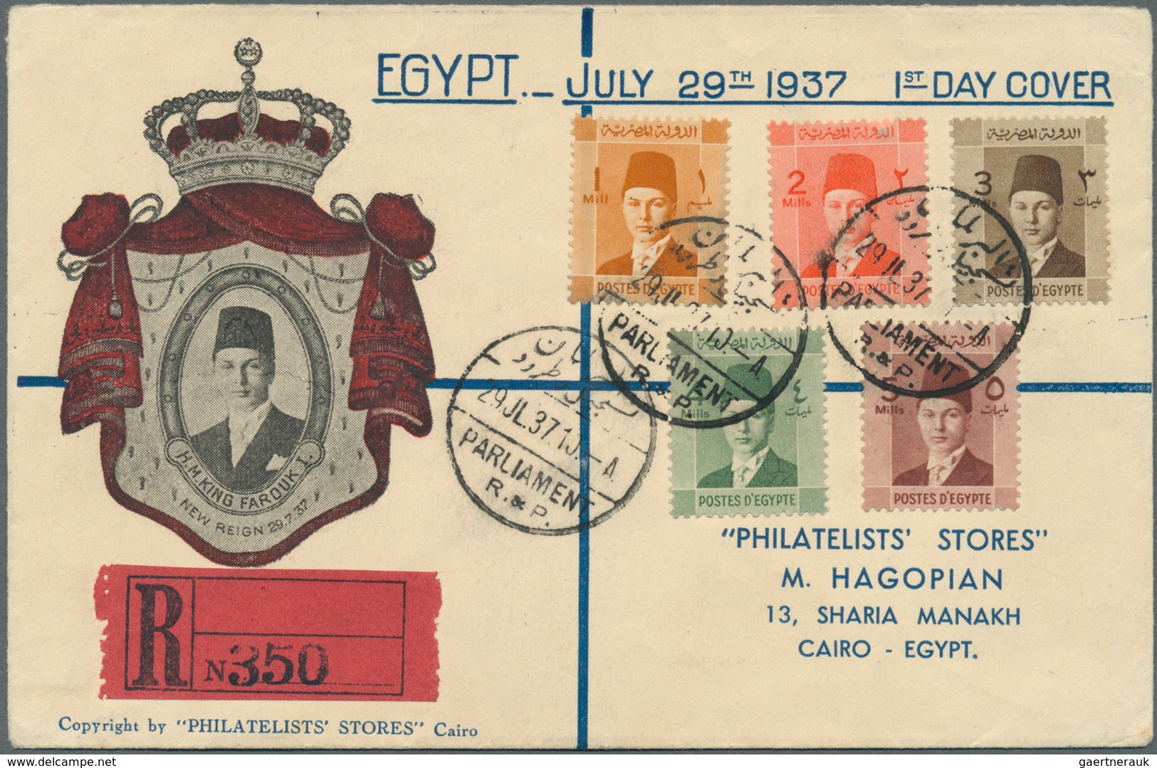 11440 Ägypten: 1937 (29 July), Two Different King Farouk Civil FDCs Used Registered, One With Complete Set - 1915-1921 Protectorat Britannique