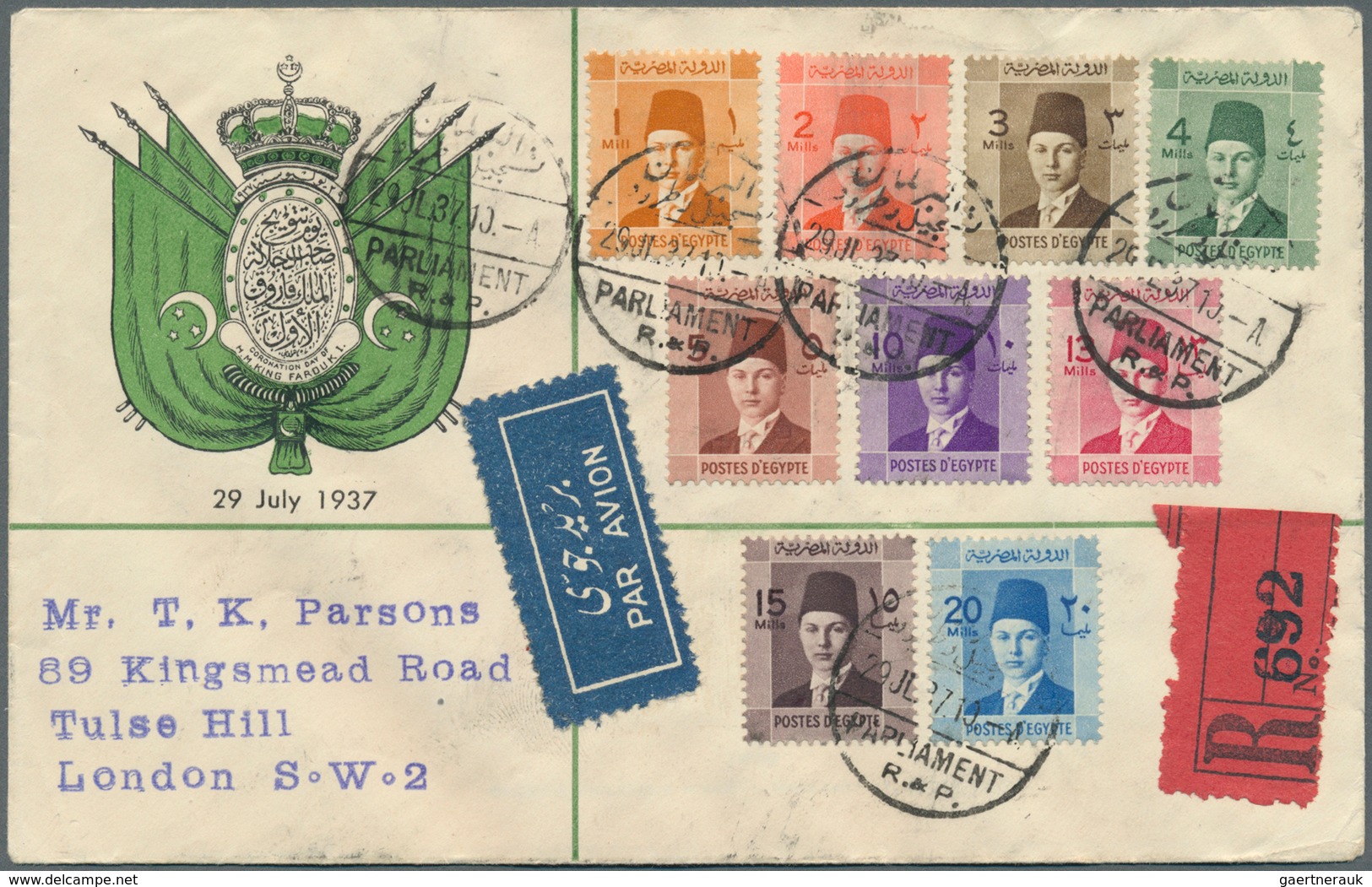11440 Ägypten: 1937 (29 July), Two Different King Farouk Civil FDCs Used Registered, One With Complete Set - 1915-1921 Protectorat Britannique