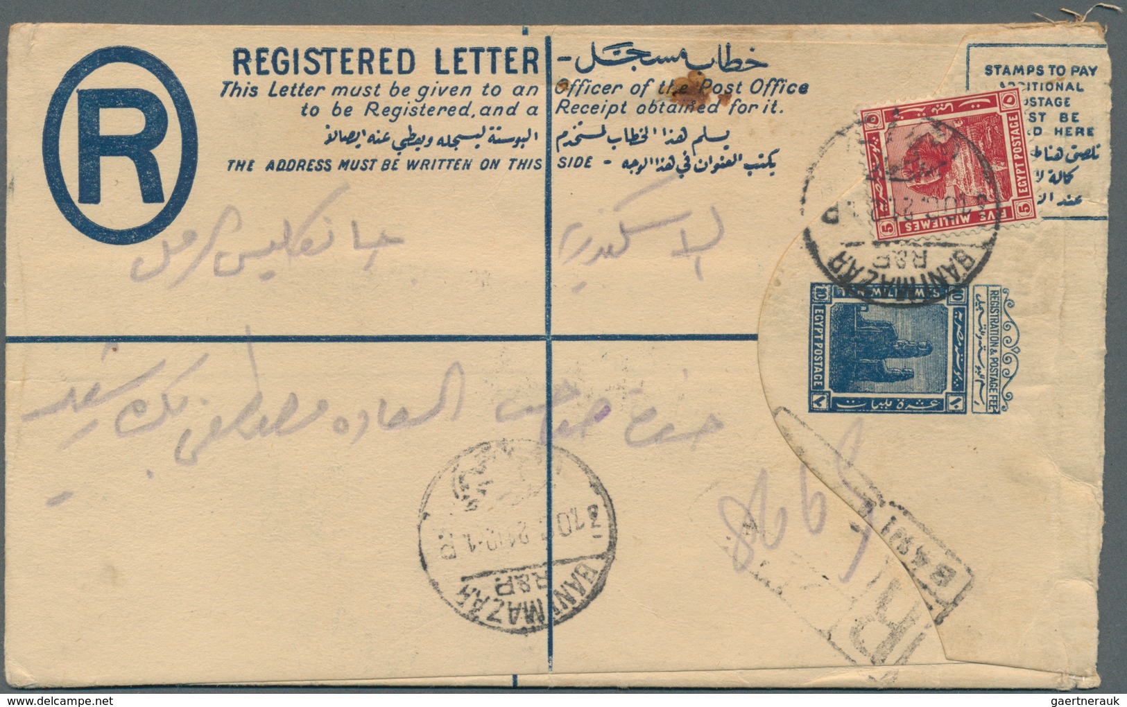 11500 Ägypten - Ganzsachen: 1913 Postal Stationery Registered Envelope 10m. Blue Uprated Pictorial 5m. And - Sonstige & Ohne Zuordnung