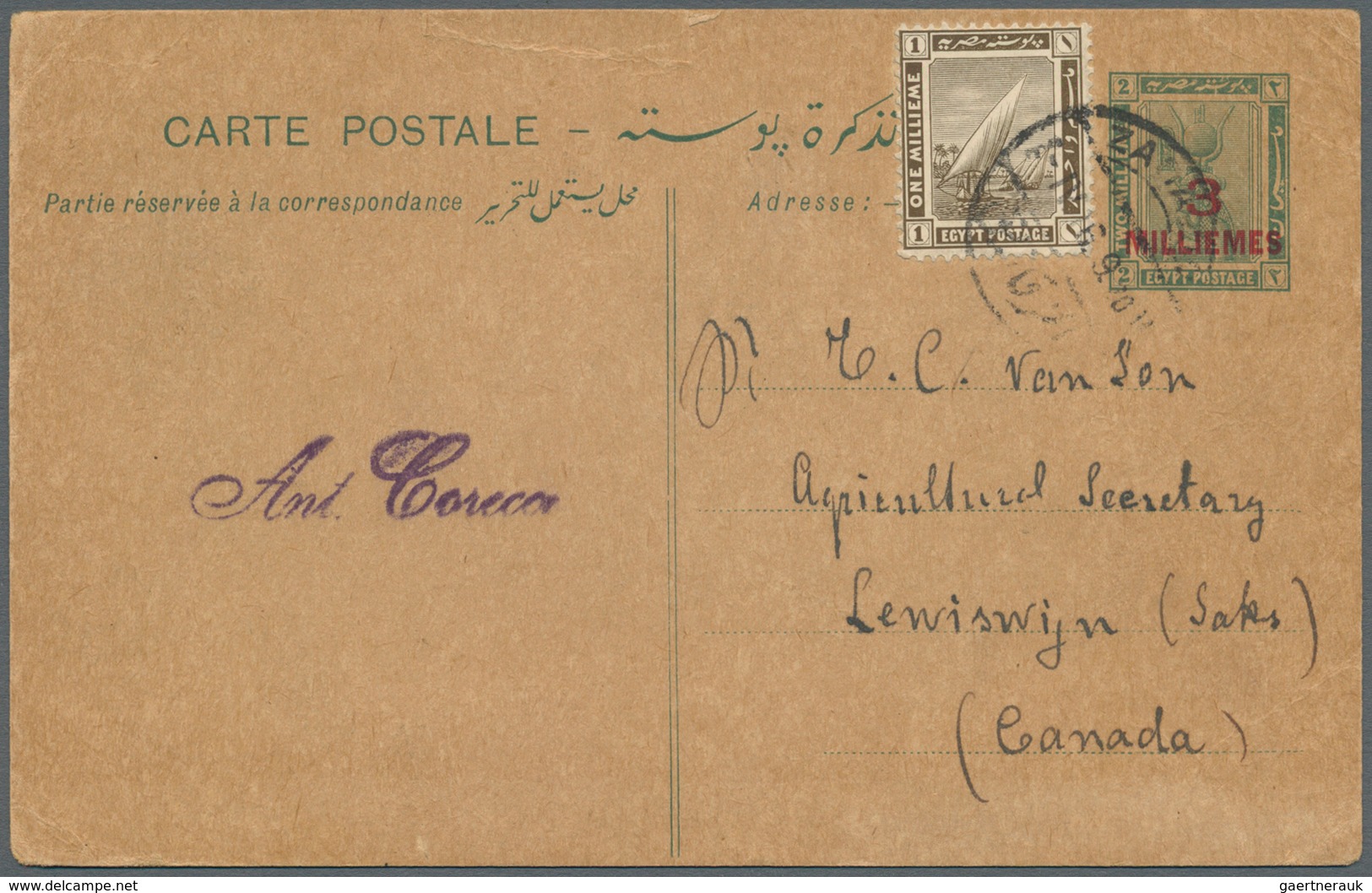 11502 Ägypten - Ganzsachen: 1916 Postal Stationery Card 3m. On 2m. Used From Zagazig To Lewiswyn In CANADA - Sonstige & Ohne Zuordnung