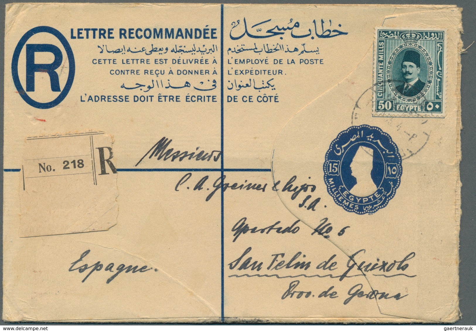 11503 Ägypten - Ganzsachen: 1930 Postal Stationery Registered Envelope King Farouk 15c. Blue Uprated 1929 - Sonstige & Ohne Zuordnung