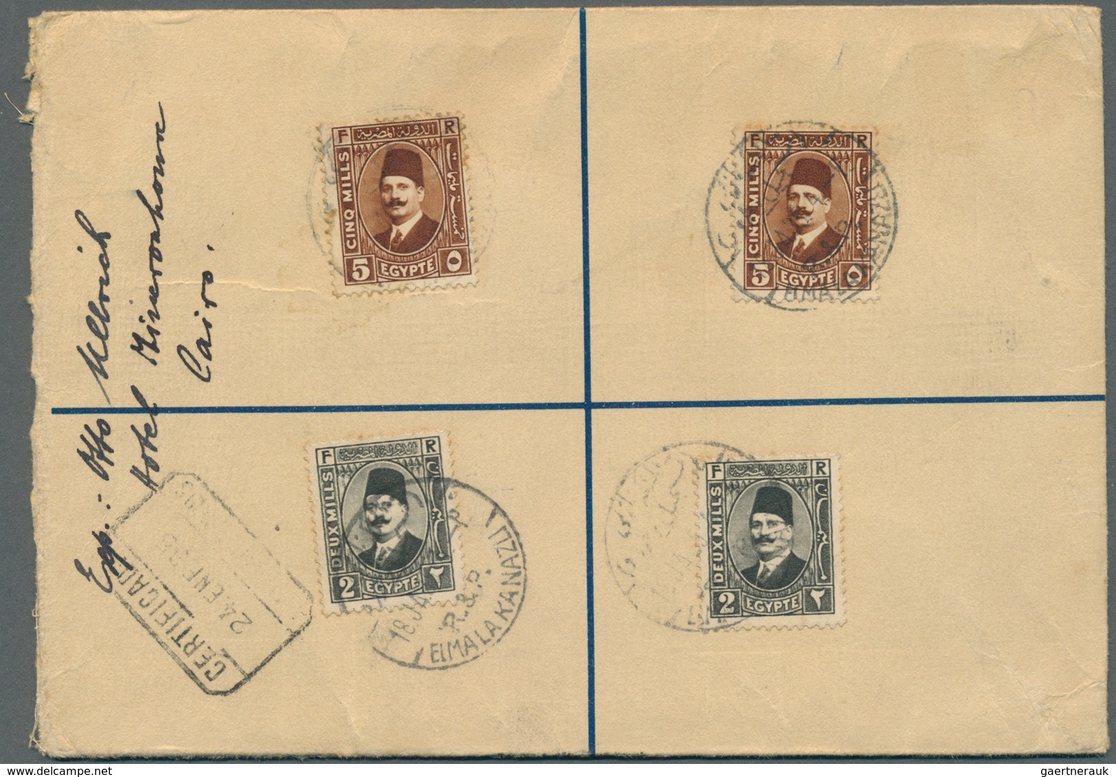 11503 Ägypten - Ganzsachen: 1930 Postal Stationery Registered Envelope King Farouk 15c. Blue Uprated 1929 - Autres & Non Classés