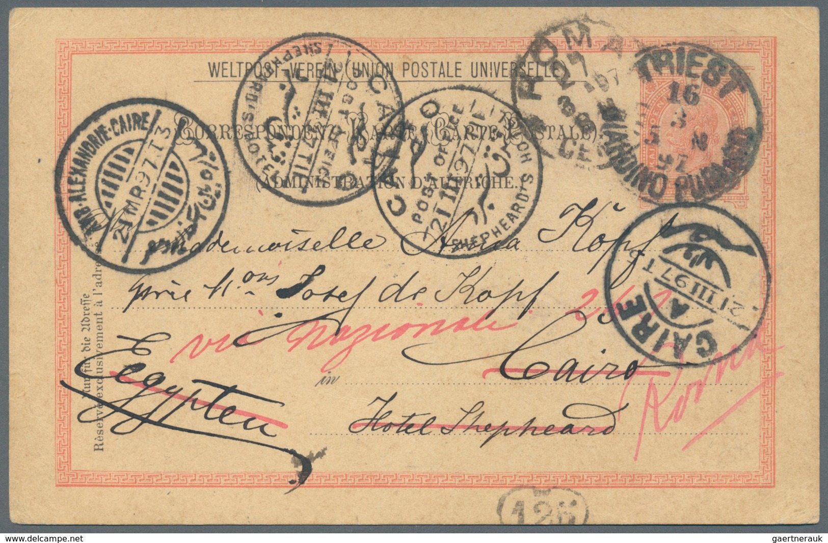 11506 Ägypten - Stempel: 1897, "AMB. ALEXANDRIE-CAIRE" T.P.O. Cds In Combination With "CAIRO/SHEPHEARD'S H - Sonstige & Ohne Zuordnung