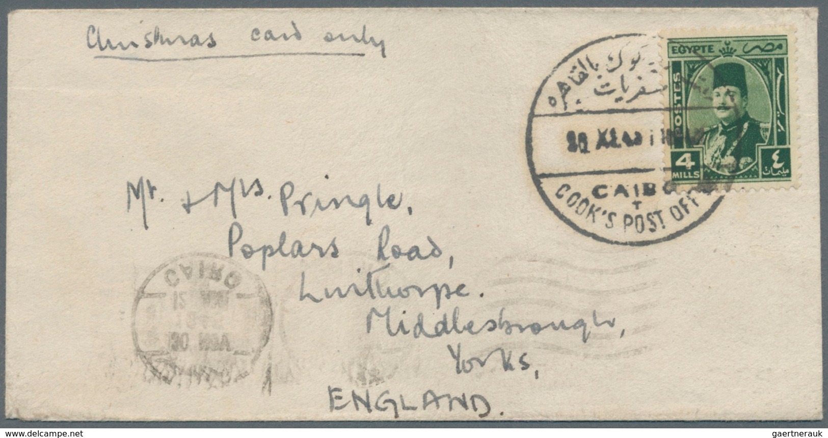 11508 Ägypten - Stempel: 1948, "COOK'S POST OFFICE/CAIRO" Cds Tying King Farouk 1944 4m. To Small Cover (e - Sonstige & Ohne Zuordnung