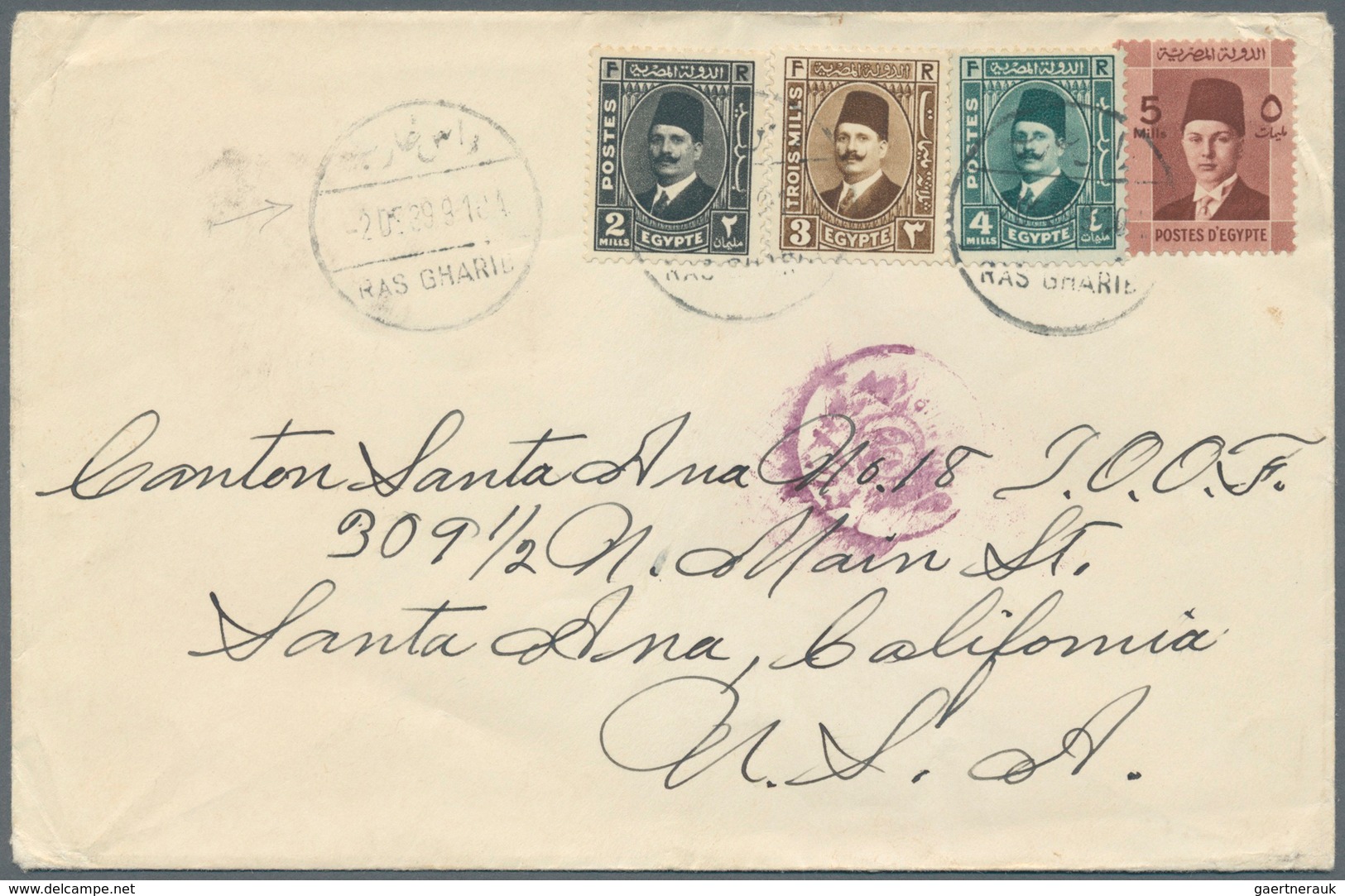 11511 Ägypten - Stempel: 1939, "RAS GHARIB/2 DE 39" Bilingual Datestamp On Cover To Santa Ana, California, - Sonstige & Ohne Zuordnung