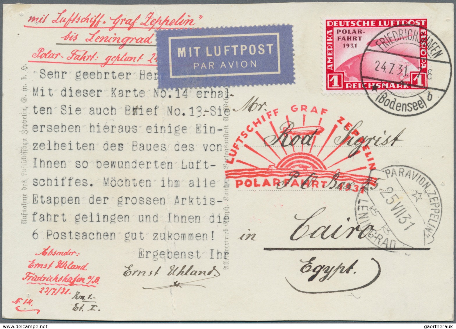 11512A Ägypten - Flugpost: 1931, INCOMING MAIL: Germany, 1 M Zeppelin "Polarfahrt", Single Franking On Pict - Autres & Non Classés