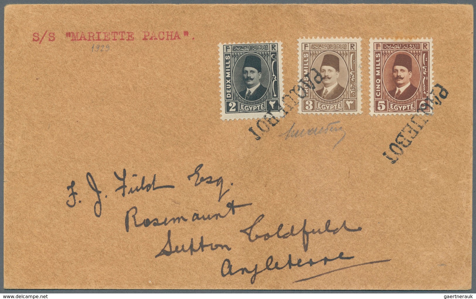 11513 Ägypten - Schiffspost: 1929, "PAQUEBOT" Straightliner In Black As Obliterator On Cover To England Pe - Autres & Non Classés