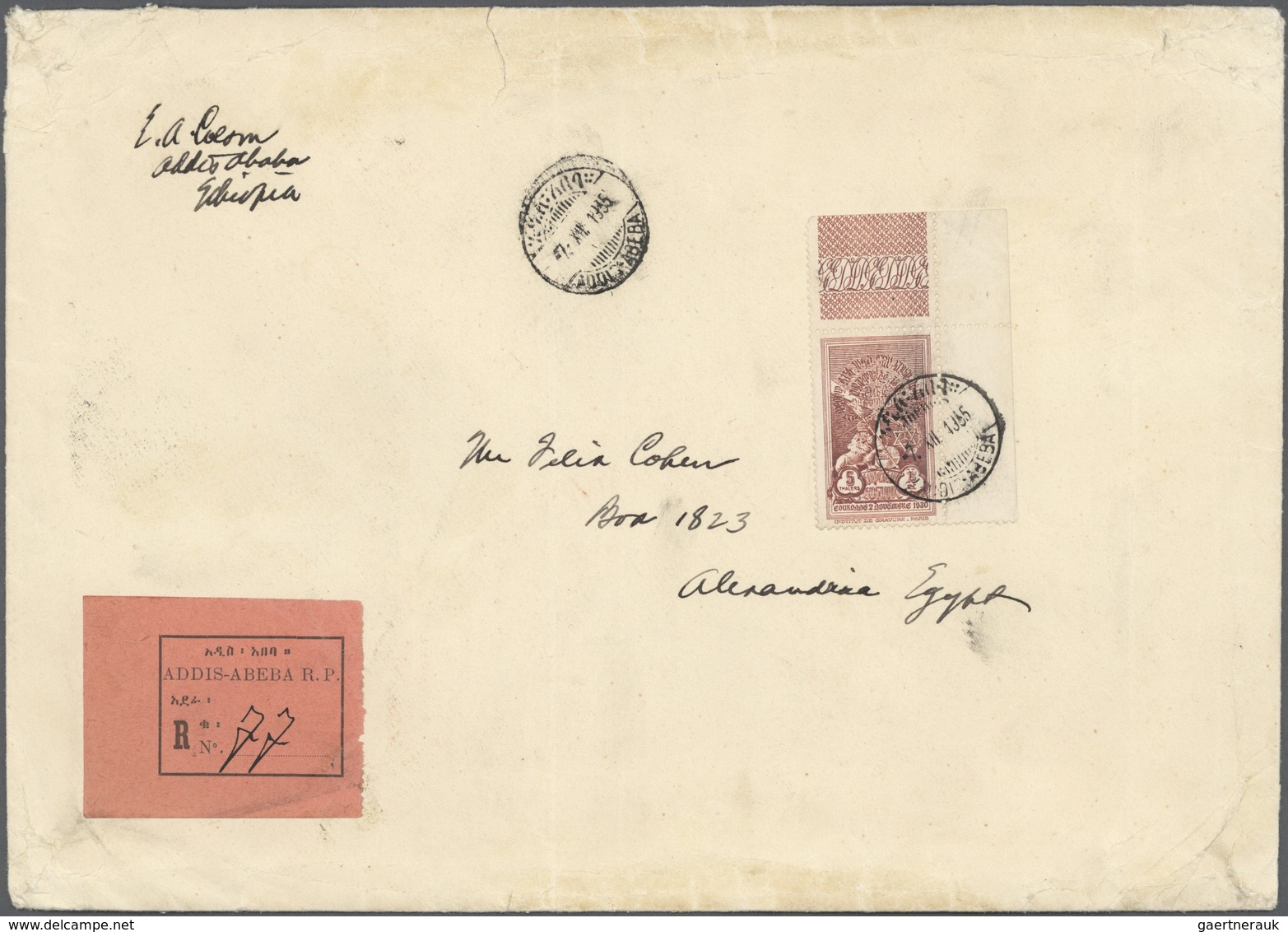 11521 Äthiopien: 1935, Larger Envelope Sent Registered From ADDIS ABEBA To Alexandria, Egypt Franked With - Ethiopie