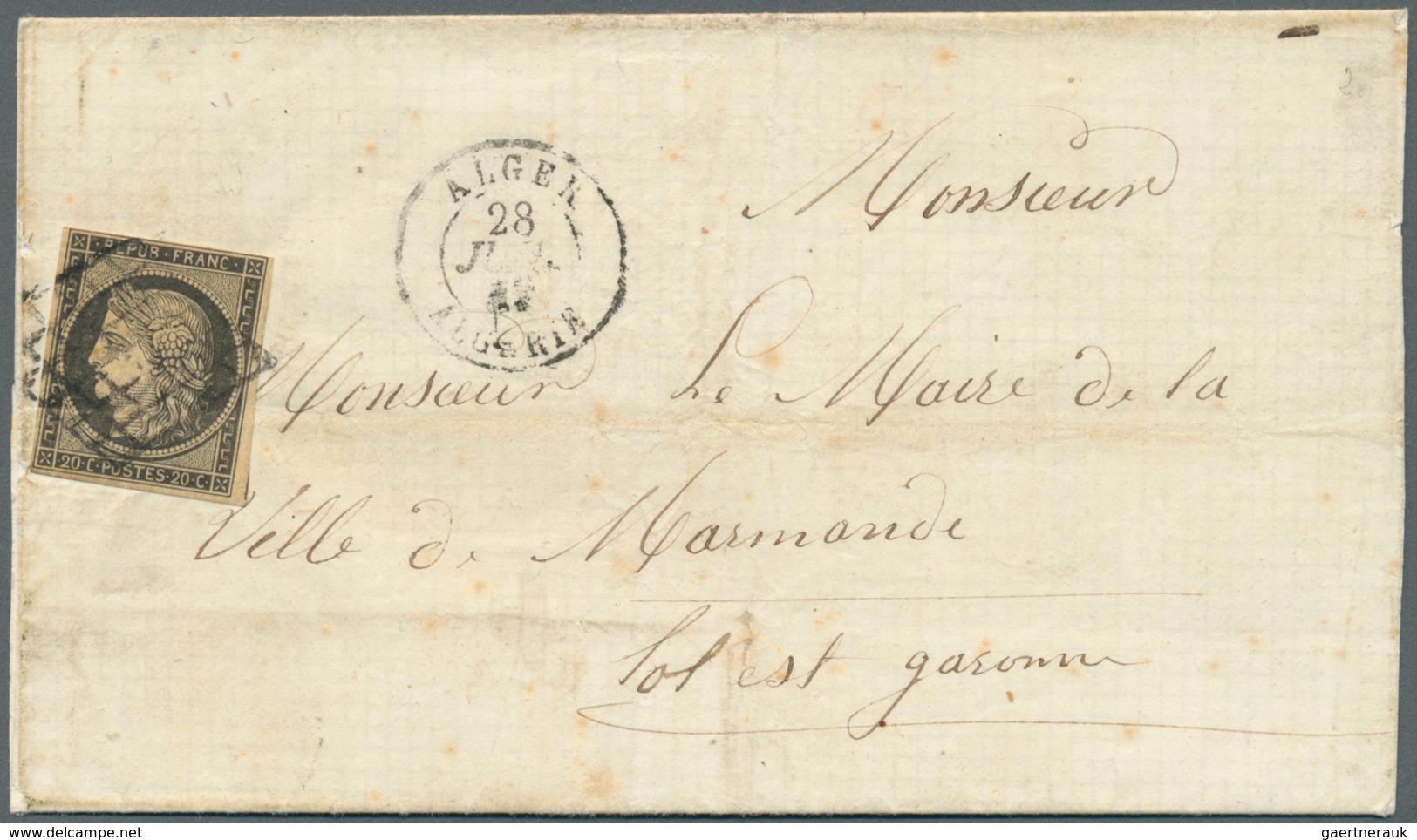 11538 Algerien: 1849. France 20c Cérès On Cover With Grid Cancel And Postmark "Alger 28 JUL 49". - Algeria (1962-...)