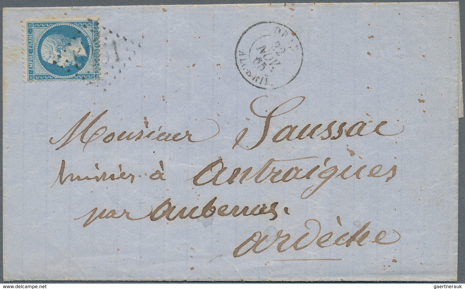 11542 Algerien: 1862, France 20 C Blue Napoleon, Tied By Numeral Cancel "5051" (gros Chiffres), Single Fra - Algerien (1962-...)