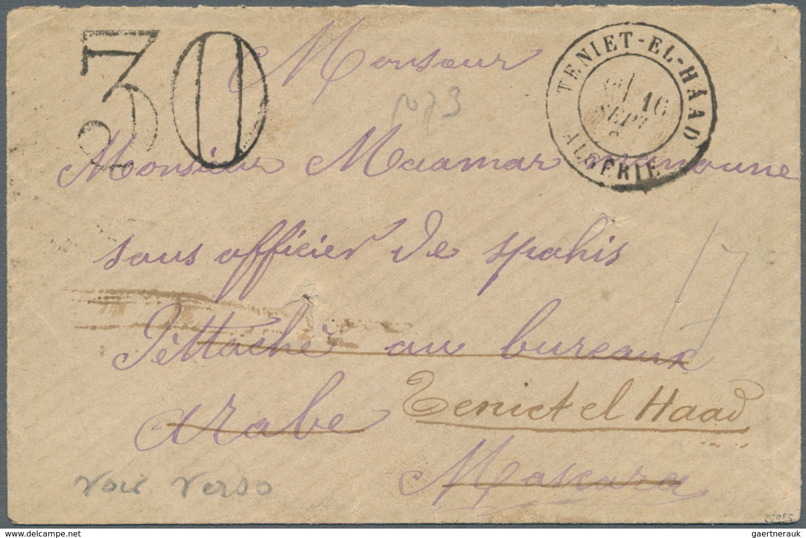 11543 Algerien: 1880. Stampless Envelope To French Army Officer Cancelled By Teniet-EI-Haad Double Ring Ch - Algerien (1962-...)