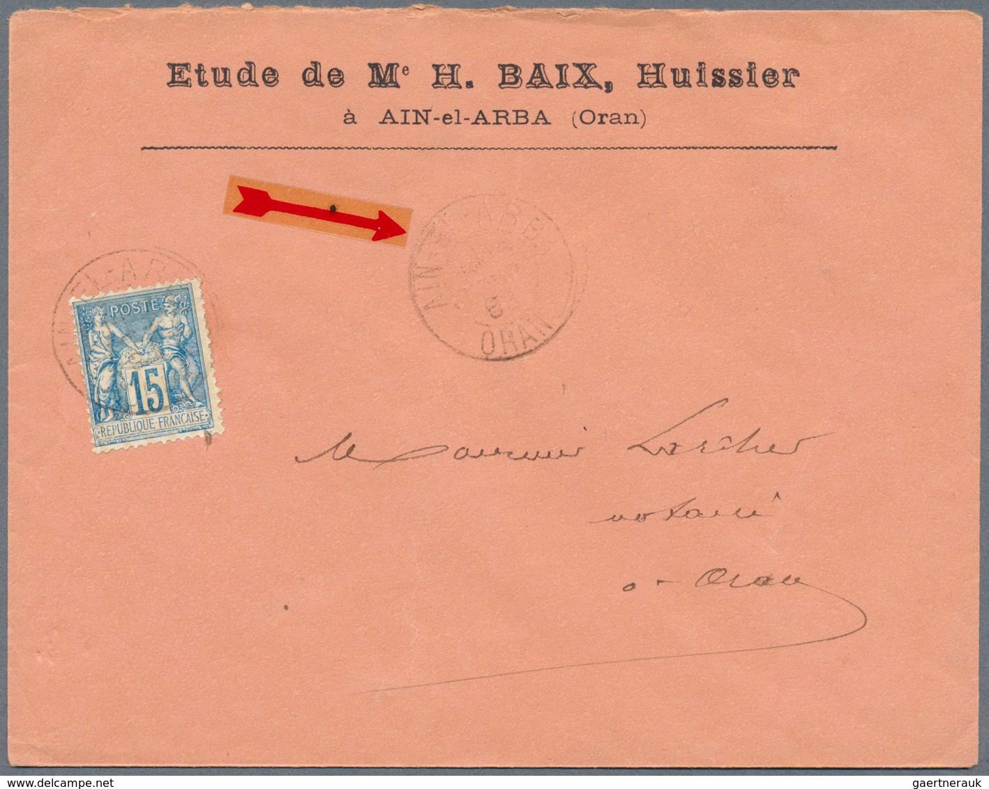 11544 Algerien: 1893, 15 C. Blue Allegory Used On Cover With Date Cancellation "AIN-EL-ARBA/ORAN" Send To - Algerien (1962-...)