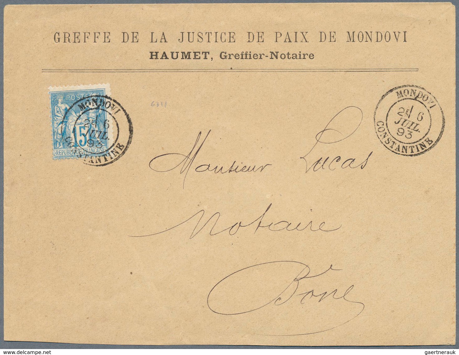 11545 Algerien: 1893, 15 C. Blue Allegory Used On Cover With Date Cancellation "MONDOVI 26 JUIL.93" Send T - Algerien (1962-...)