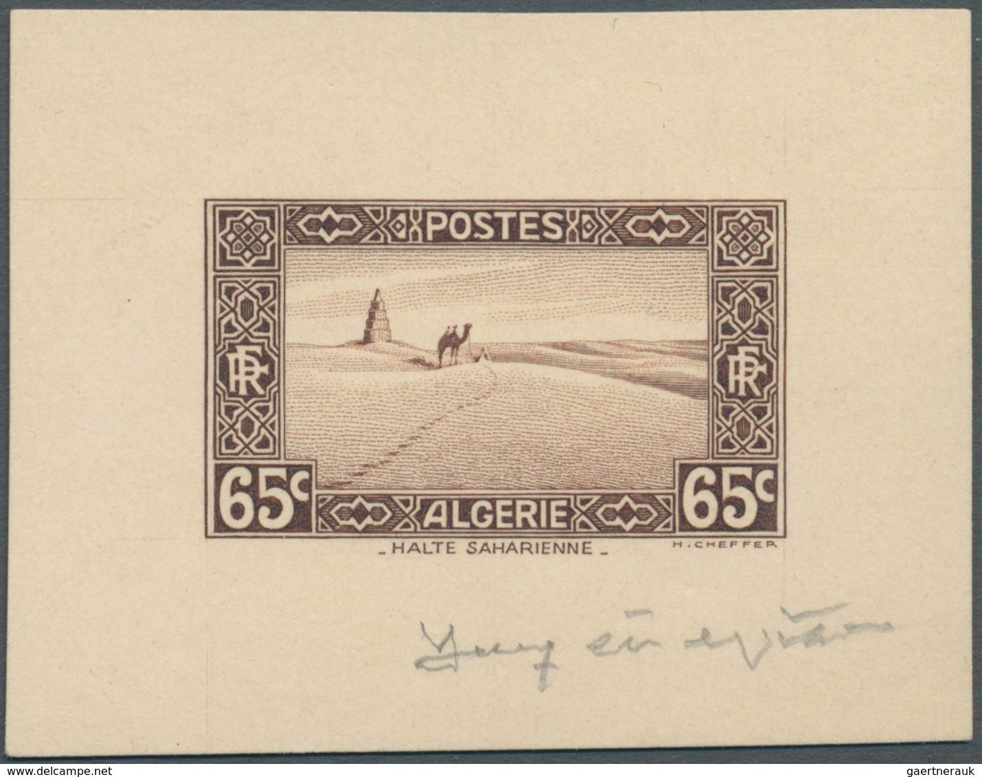 11555 Algerien: 1936/1937, 65c. "Halte Saharienne", Epreuve D'artiste In Sepia, Sized 5,8:4,5 Cm, With Sig - Algerien (1962-...)