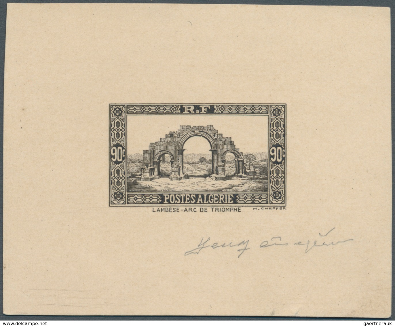 11556 Algerien: 1936, 90c. "Arc De Lambese", Epreuve D'artiste In Black, Sized 7,7:6,1 Cm, With Signature. - Algerien (1962-...)