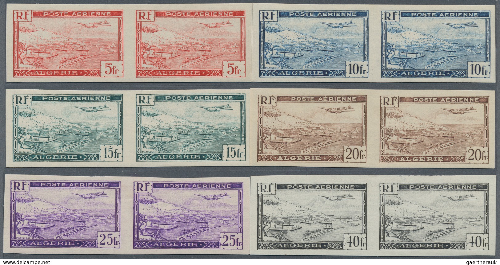 11562 Algerien: 1946, Airmail Issue 'Harbour Of Algier' Complete Set In IMPERFORATE Horizontal Pairs, Mint - Algérie (1962-...)