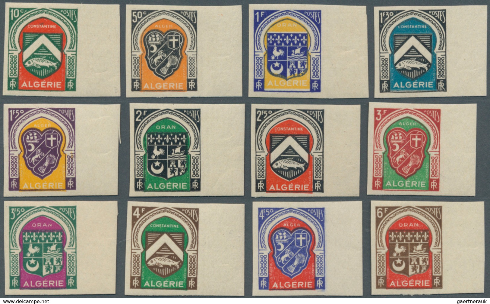 11564 Algerien: 1947, Coat Of Arms Original Set Of Twelve Different Values All IMPERFORATE From Right Marg - Algérie (1962-...)