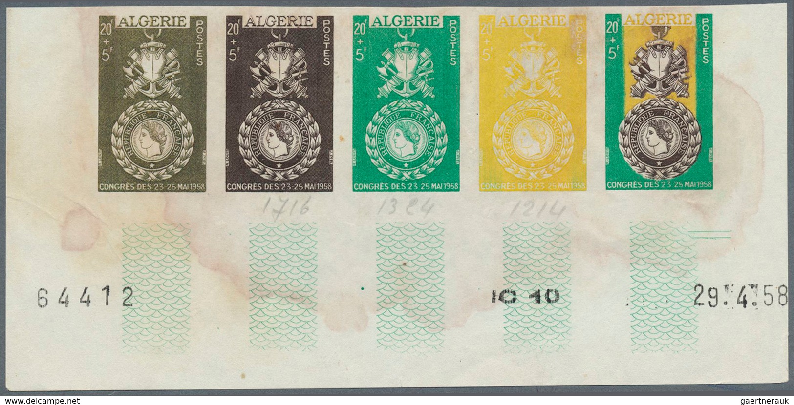 11567 Algerien: 1958. Margined Horizontal Proof Strip Of 5 "20f+5f Congrès Des 23-25 Mai 1958". Non-issued - Algerien (1962-...)