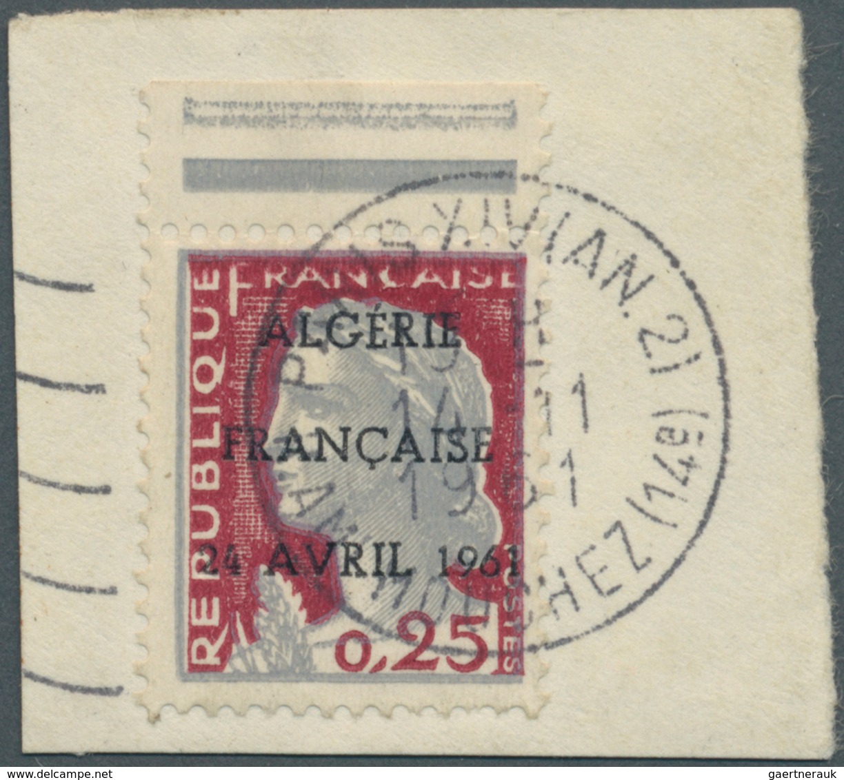 11571 Algerien: 1961. Decaris 25c On Piece Overprinted By "Algérie / Française / 24 Avril 1961", Not Liste - Algerien (1962-...)