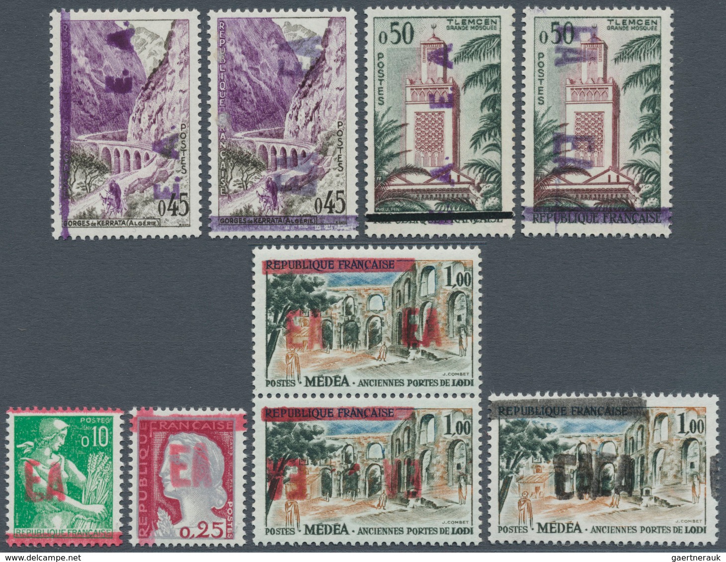 11573 Algerien: 1962, Nine French Definitives With Different Varieties Of Prov. Handstamps Incl. INVERTED - Algerien (1962-...)