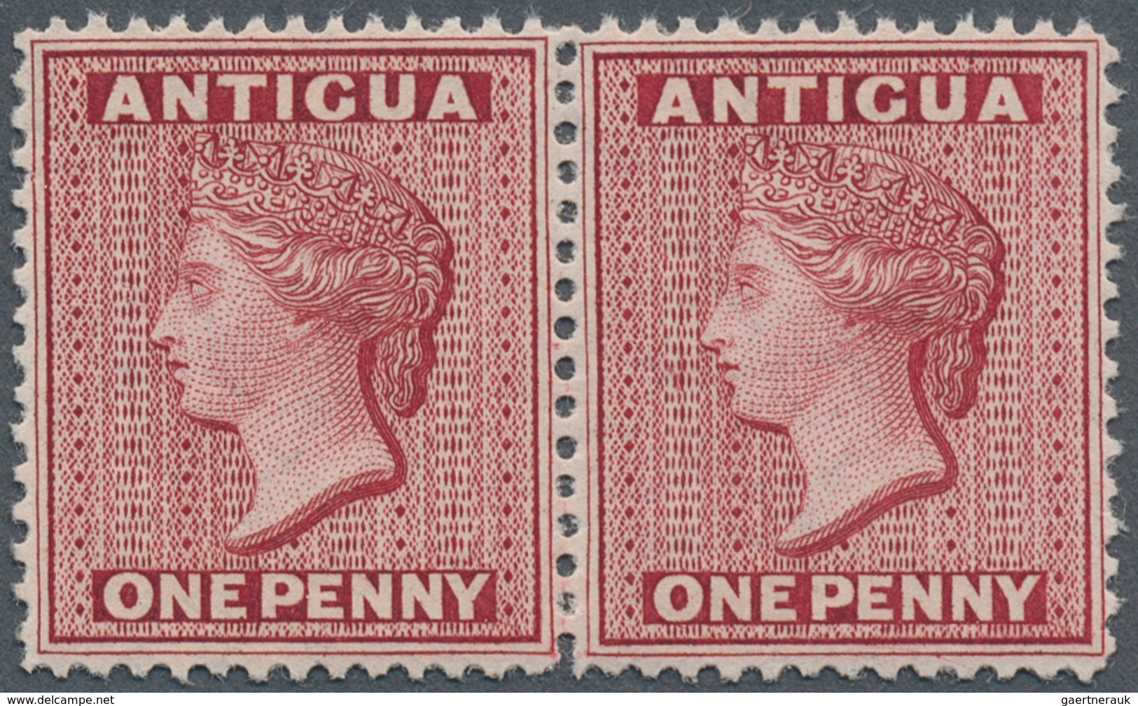 11583 Antigua: 1872, A Pair Of QV 1 Pence Carmine Very Good Centered With Perfect Perforation 12½ And Both - 1858-1960 Colonie Britannique